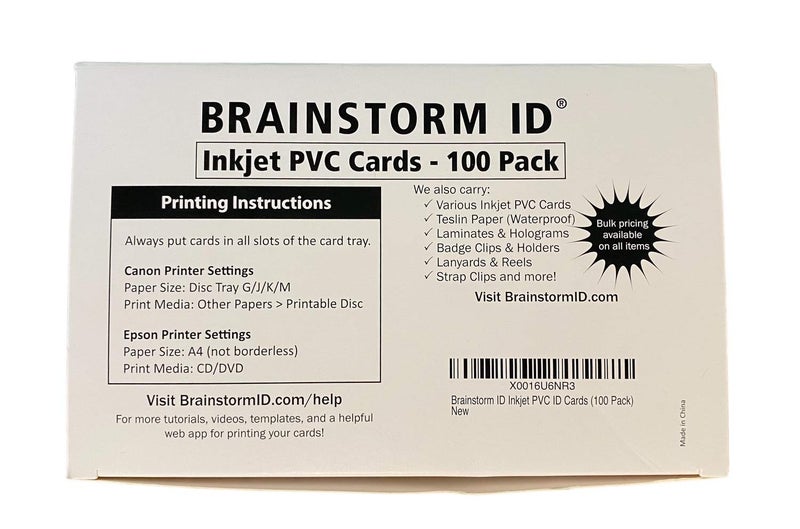 Brainstorm ID Inkjet PVC Cards (100 Pack) - 30 Mil - Inkjet Printable ID Cards - Enhanced Ink Receptive Coating - Waterproof & Double Sided Printing - Works with Epson & Canon Inkjet Printers - Image 1